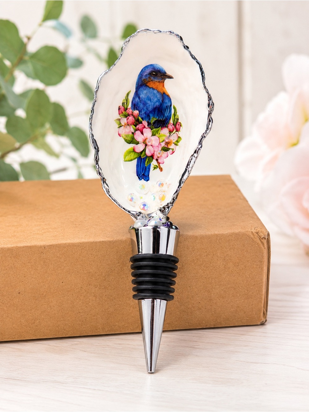 Blue Bird Decorative Wine Stopper - Oyster Shell Decor - Homemade by Me